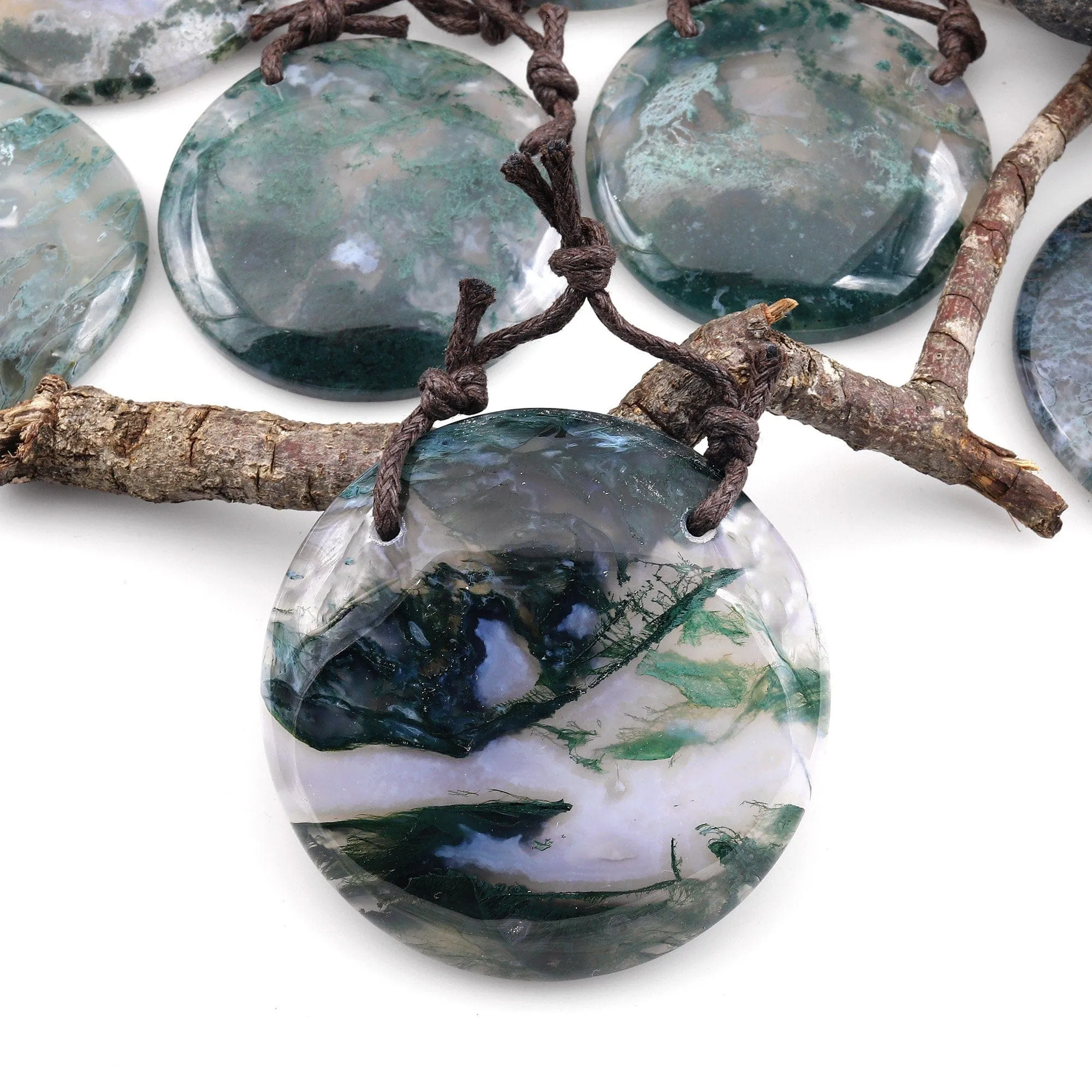 AAA 2 Hole Pendant Large Natural Green Moss Agate Circular Round Pendant Gemstone Focal Bead