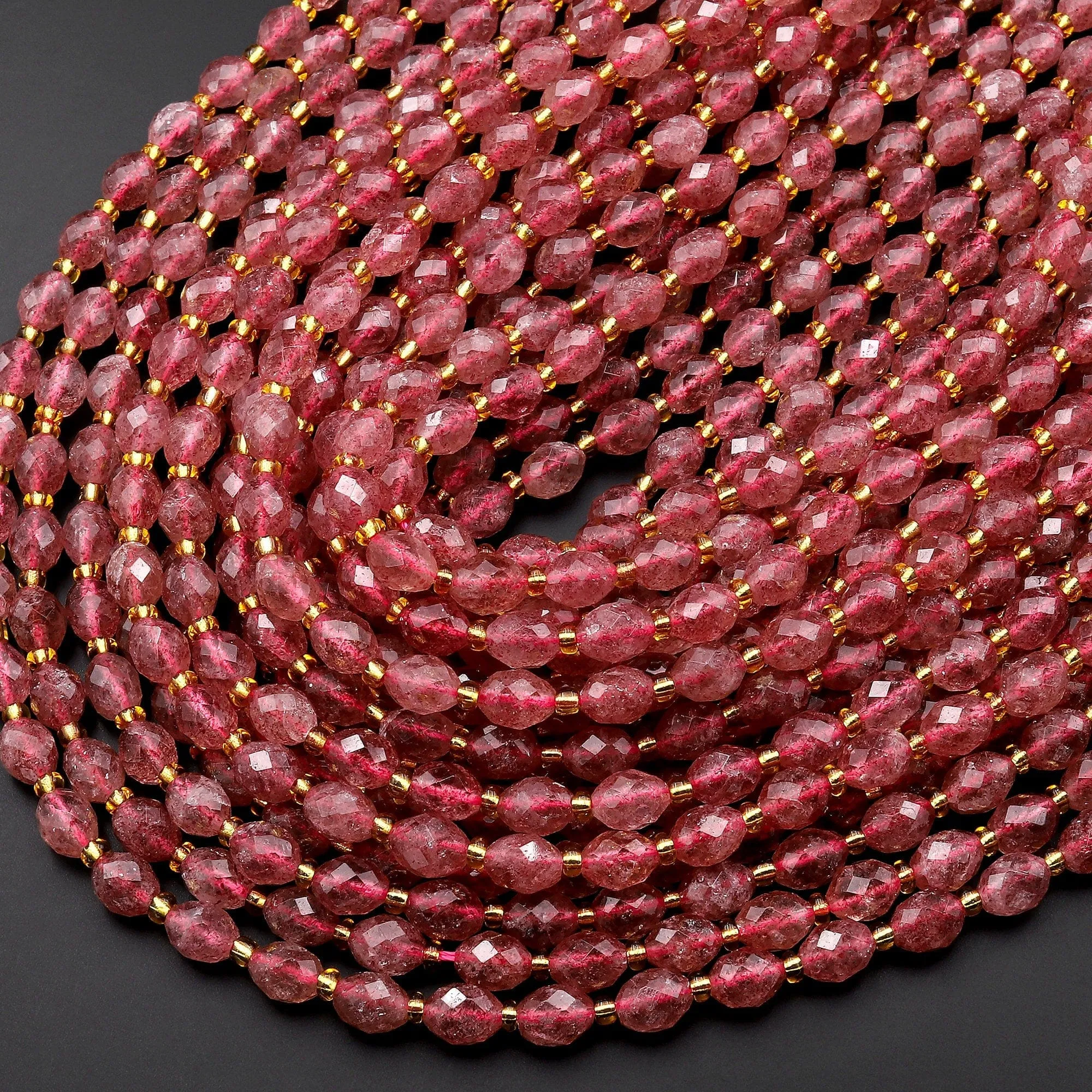 AAA Faceted Natural Strawberry Quartz Drum Barrel Rice Beads 15.5" Strand