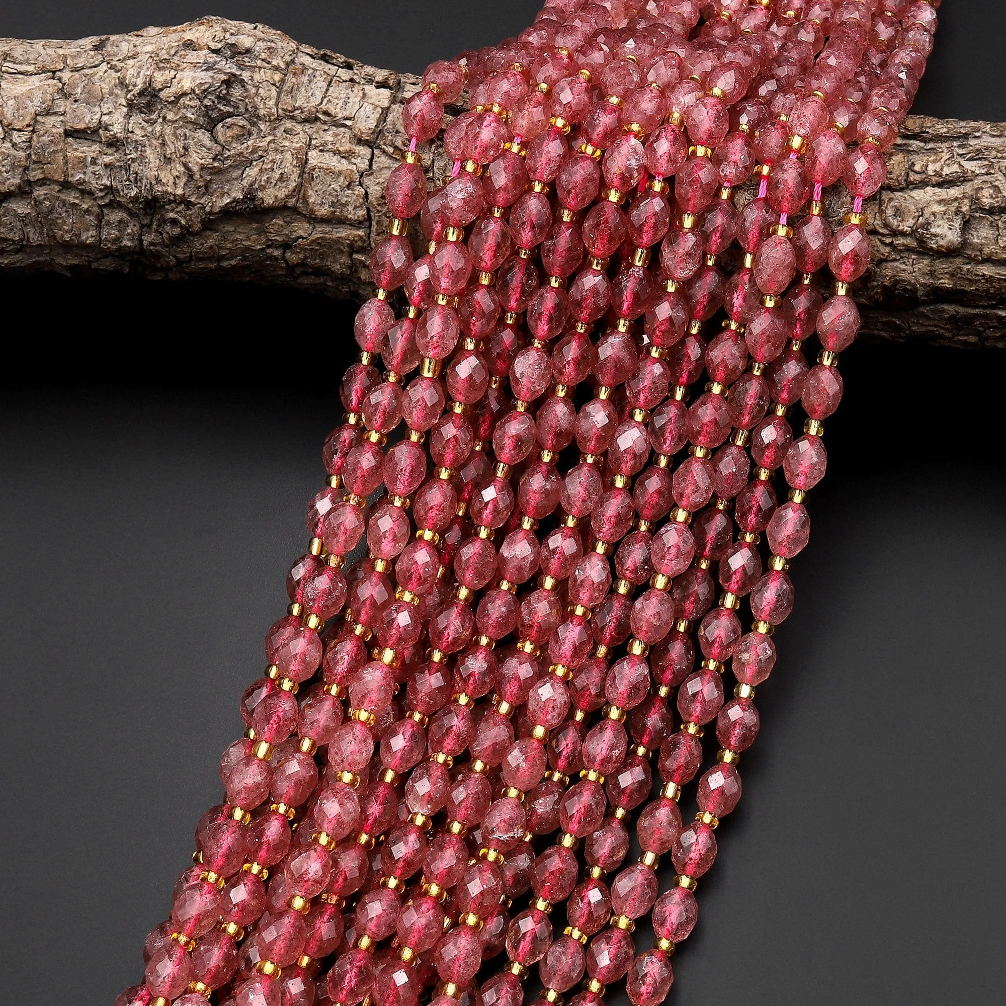 AAA Faceted Natural Strawberry Quartz Drum Barrel Rice Beads 15.5" Strand