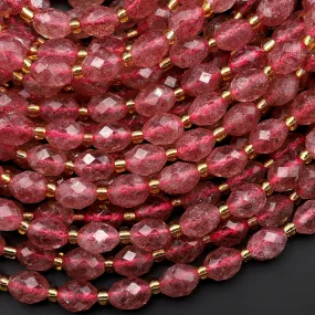 AAA Faceted Natural Strawberry Quartz Drum Barrel Rice Beads 15.5" Strand