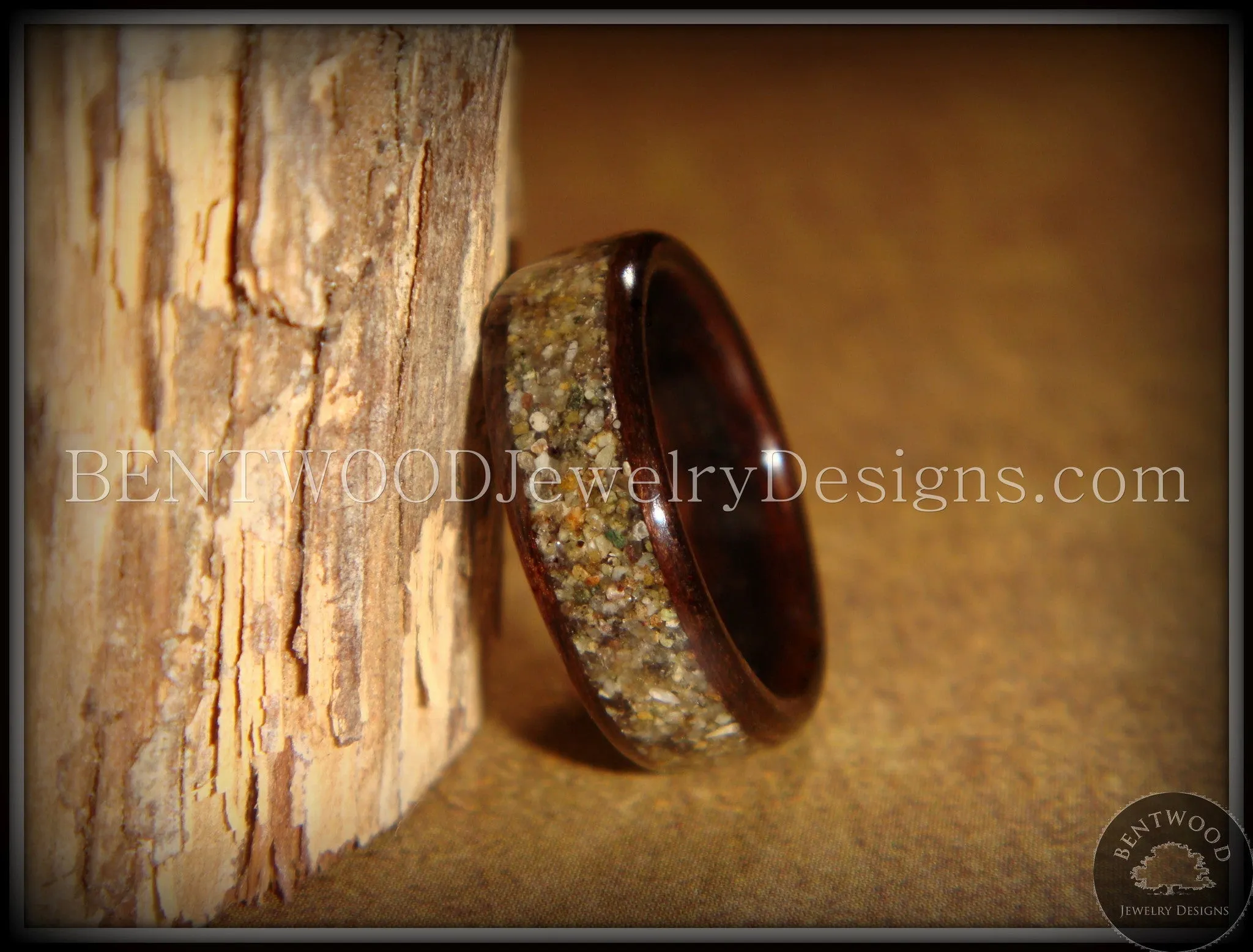 Bentwood Ring - Macassar Ebony Wood Ring with Canadian Beach Sand Inlay