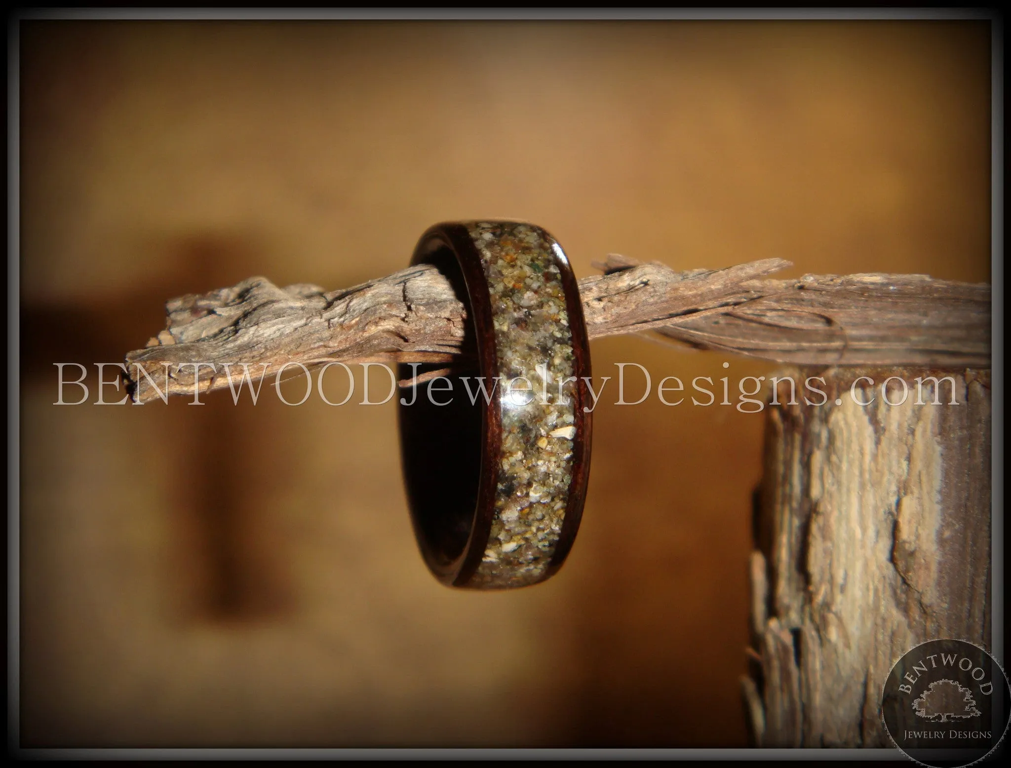 Bentwood Ring - Macassar Ebony Wood Ring with Canadian Beach Sand Inlay