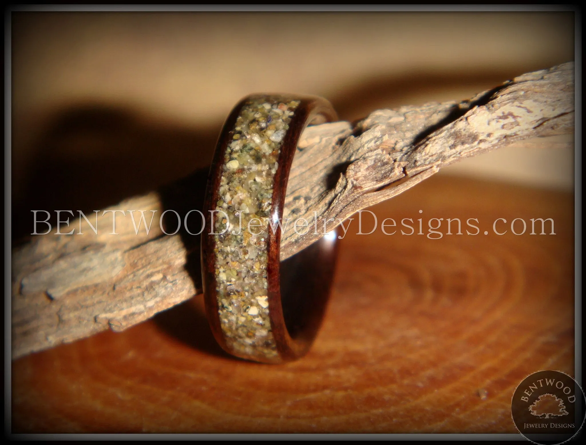 Bentwood Ring - Macassar Ebony Wood Ring with Canadian Beach Sand Inlay