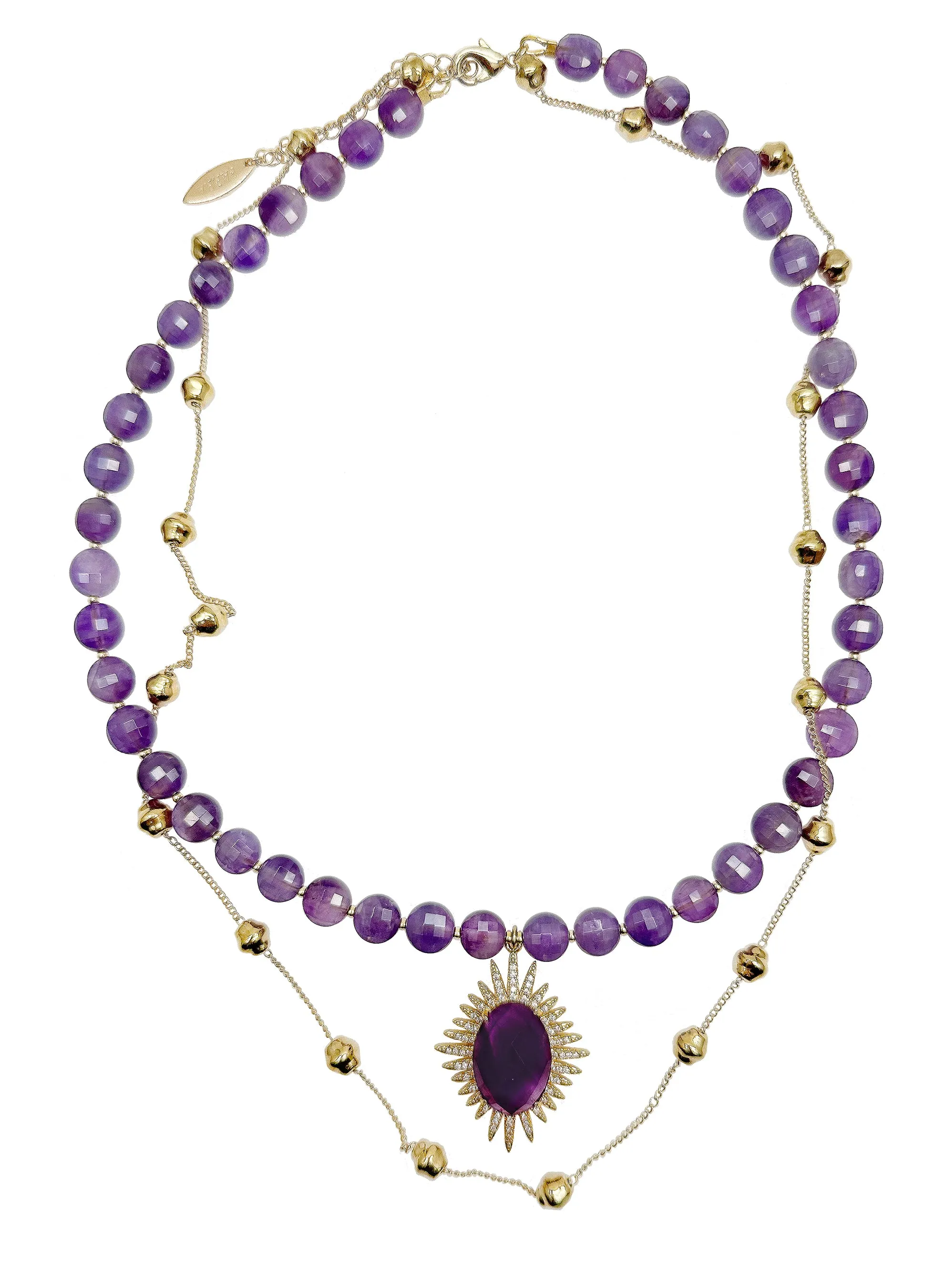 Bohemian Style Amethyst With Gold Chain Double Layers Necklace KN042