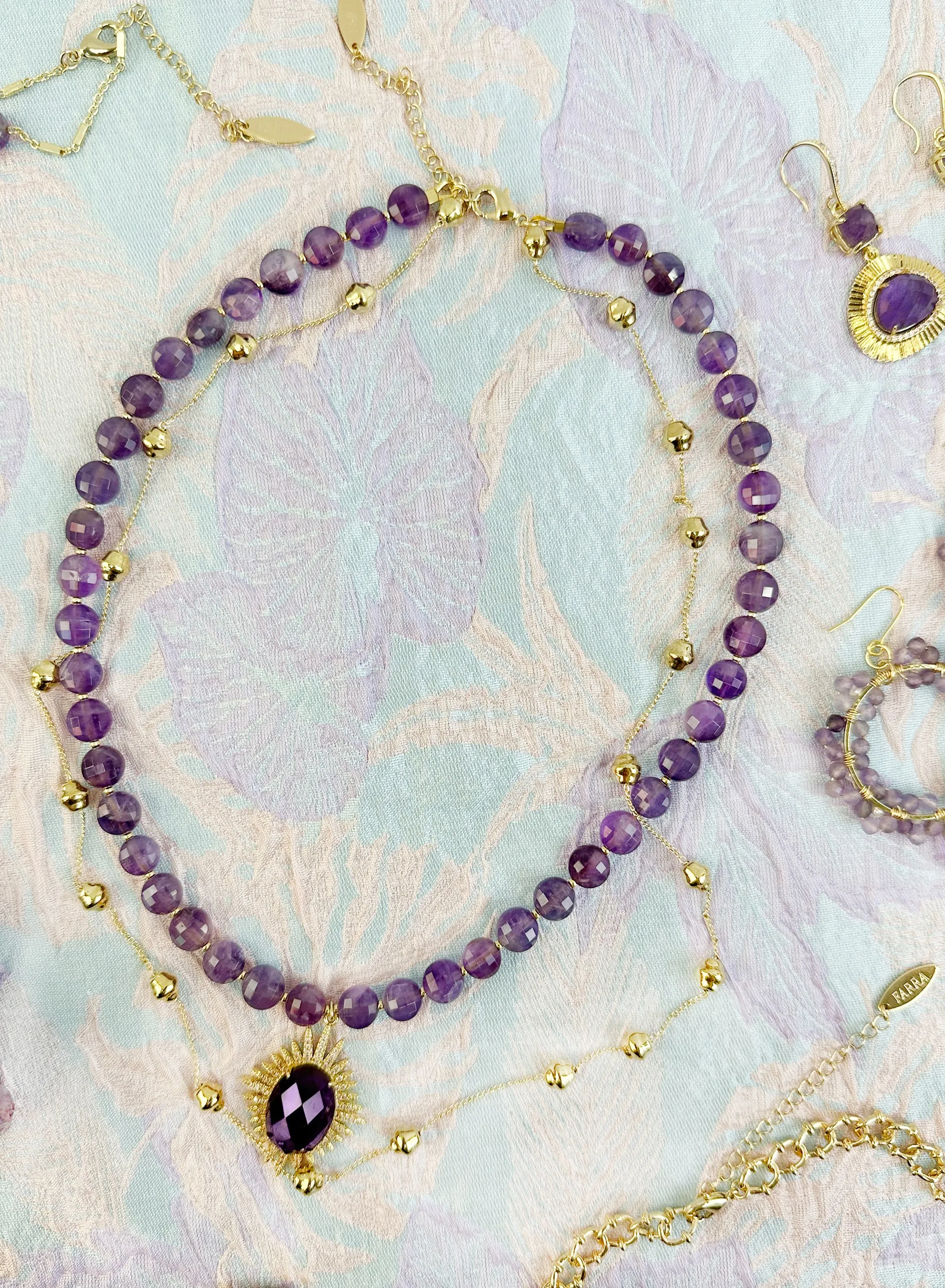 Bohemian Style Amethyst With Gold Chain Double Layers Necklace KN042