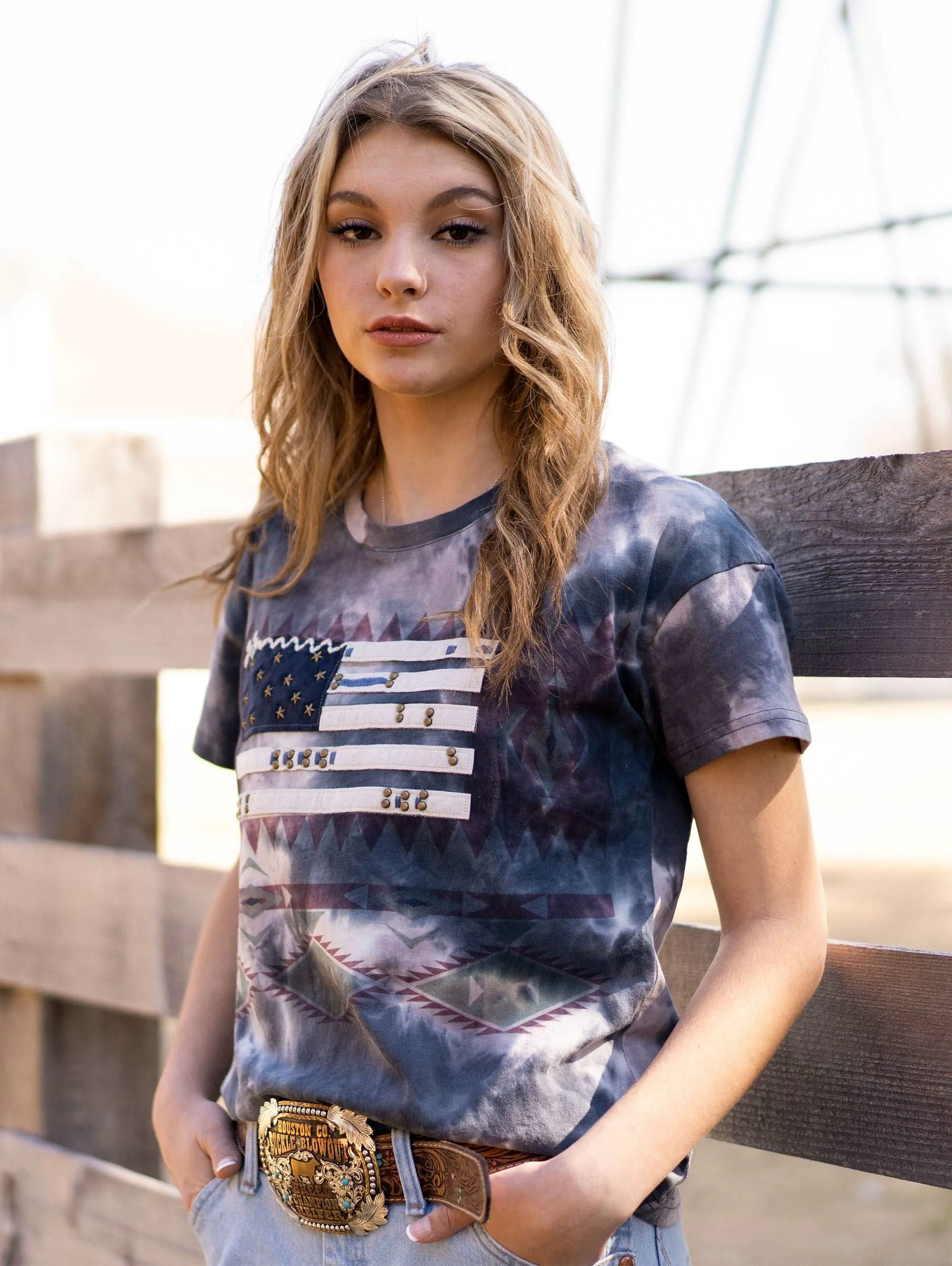 Delila Women's Tie-Dye Hand Stitched Studded Flag Tee