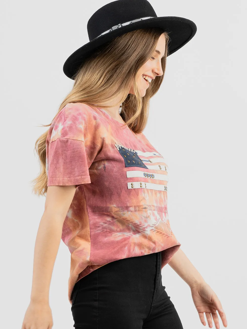 Delila Women's Tie-Dye Hand Stitched Studded Flag Tee