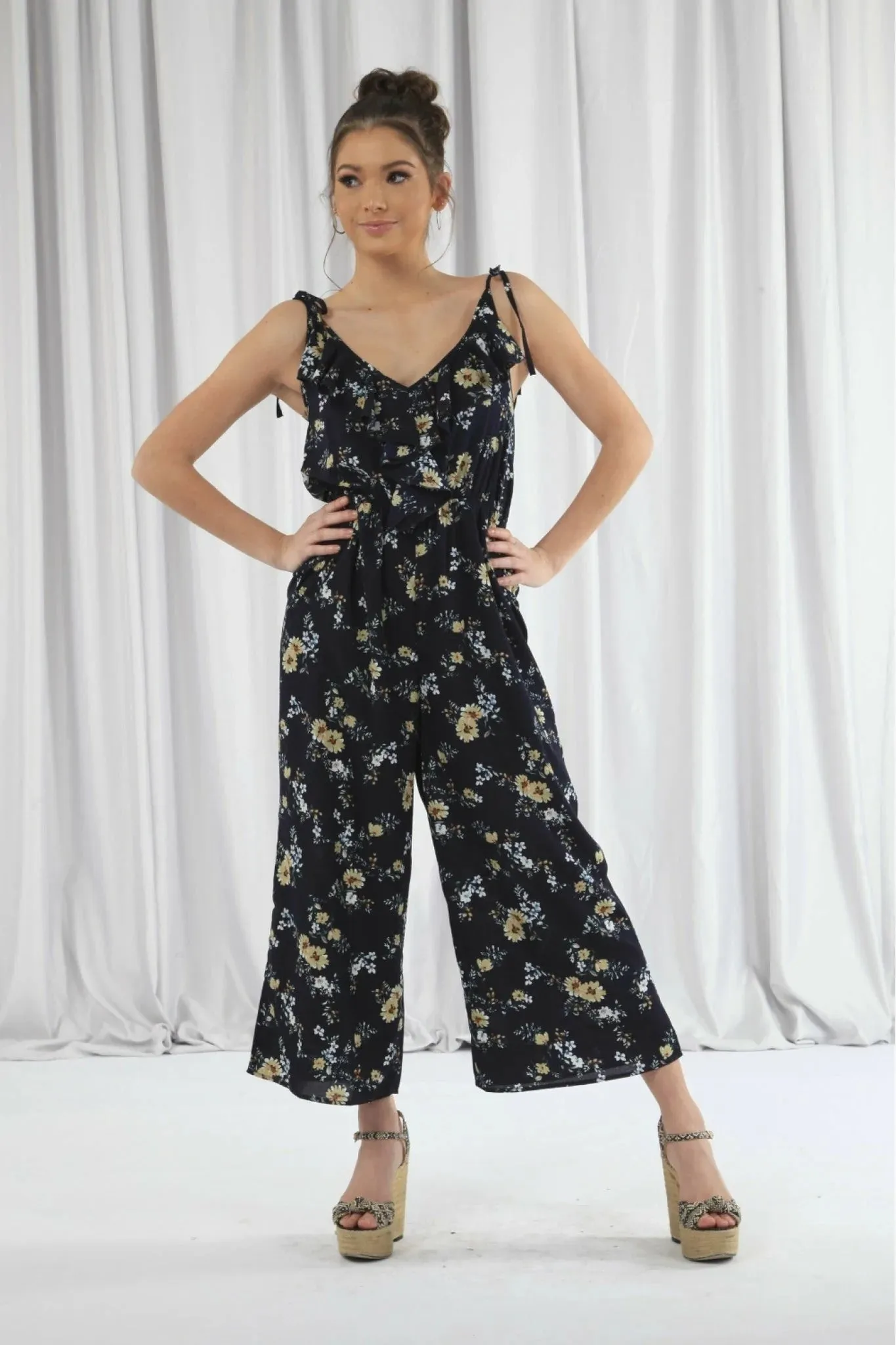 Double Second Navy Wide Leg Jumpsuit With Frill Front