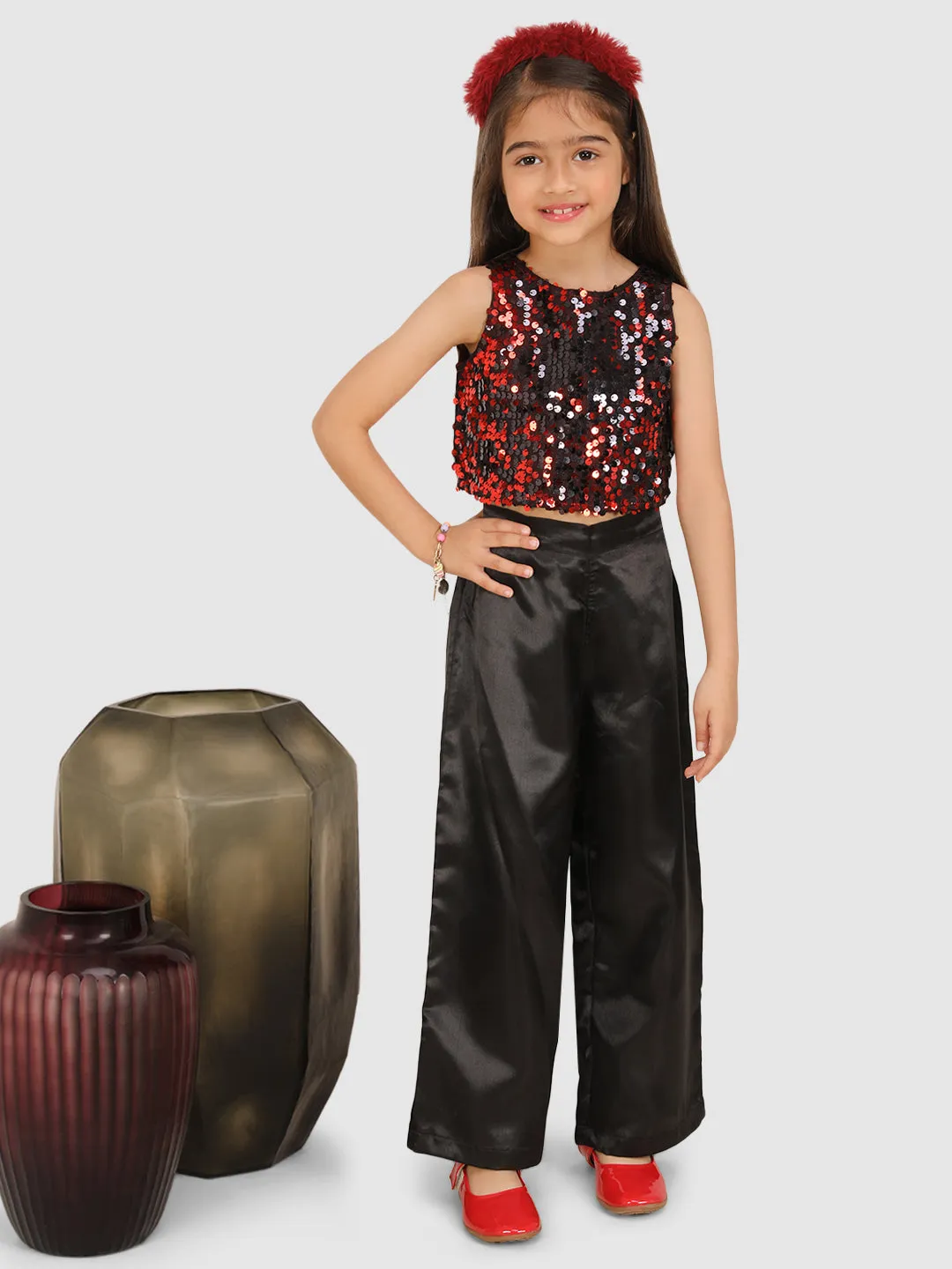 Embellished with Sequence Top &  Pant -Black