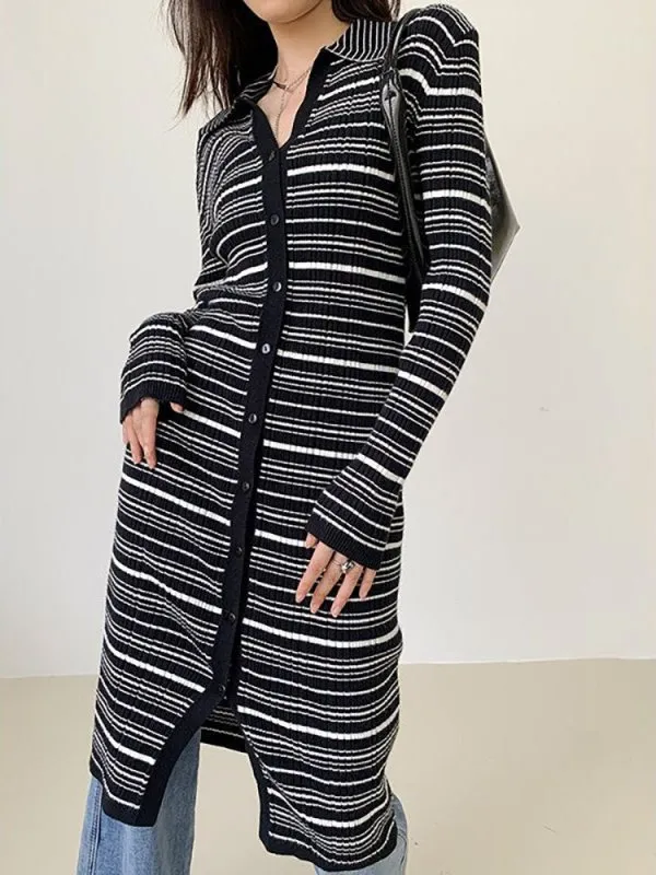 Fashion slimming single-breasted long-sleeved striped knee-length knitted dress