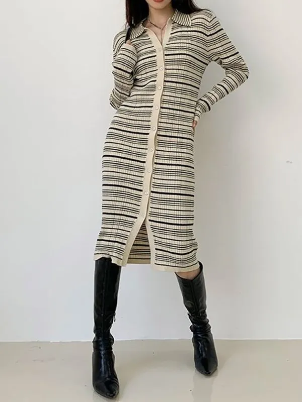 Fashion slimming single-breasted long-sleeved striped knee-length knitted dress