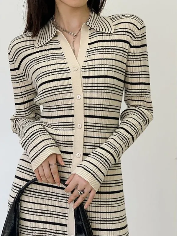 Fashion slimming single-breasted long-sleeved striped knee-length knitted dress