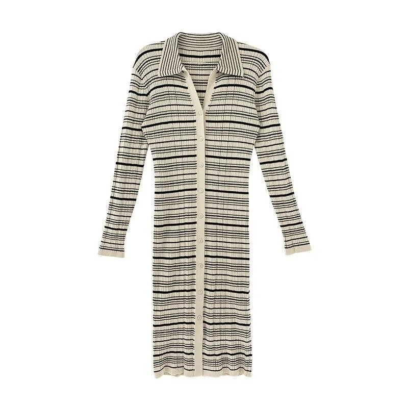 Fashion slimming single-breasted long-sleeved striped knee-length knitted dress