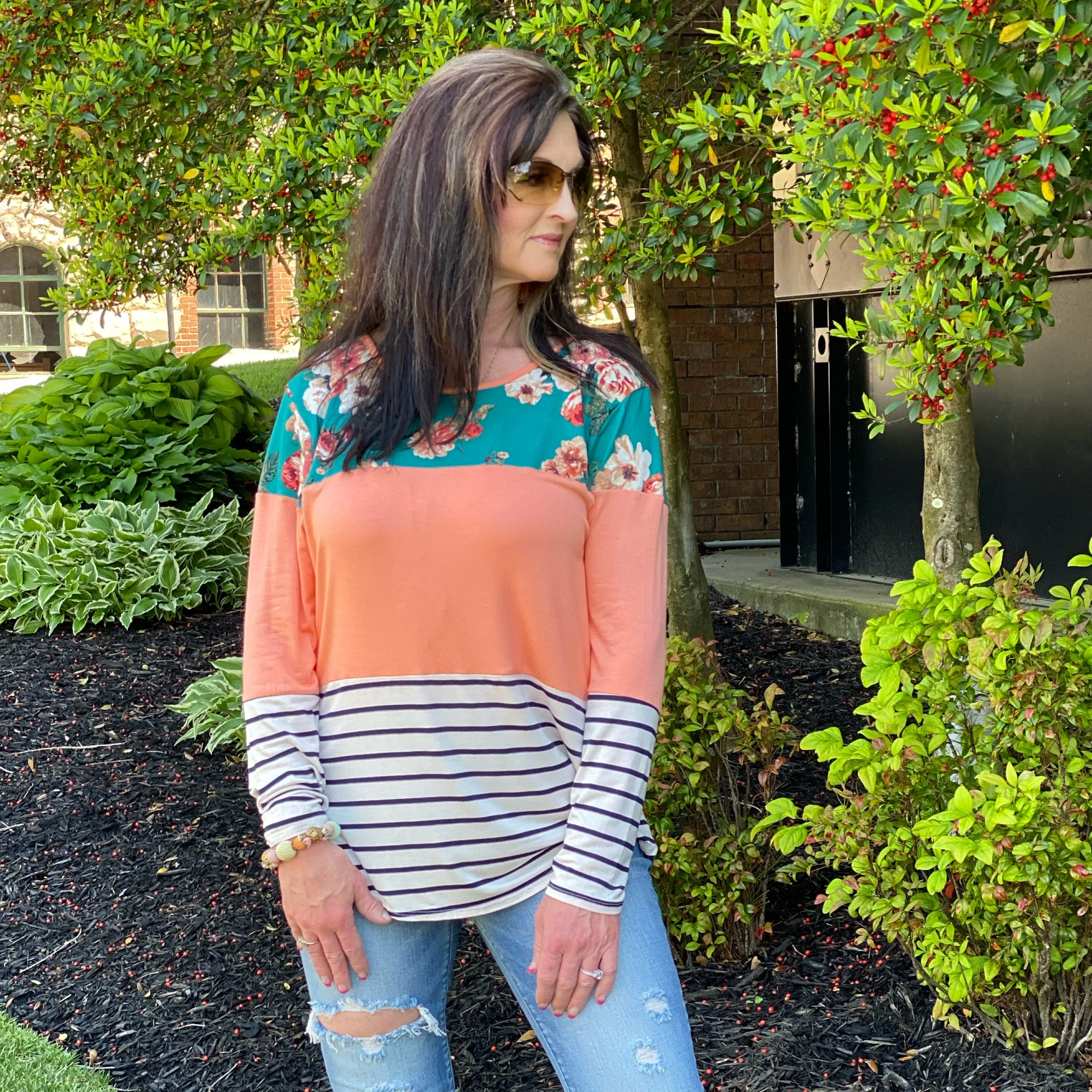 Floral Days Color Block Teal Tunic