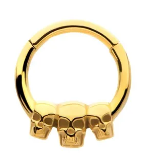 Gold PVD Triple Skull Stainless Steel Hinged Segment Ring