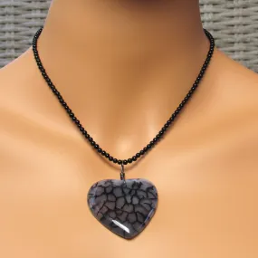 Hand Wrapped Dragon’s Vein Agate Heart on Onyx necklace with Oxidized Sterling Clasp