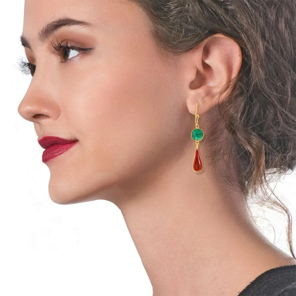 Handmade Gold Plated Silver Lacrima Earrings With Green Jade & Red Enamel