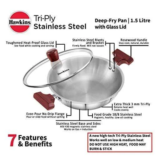 HAWKINS Tri-ply Stainless Steel Deep-Fry Pan 1.5 Litre with Glass Lid