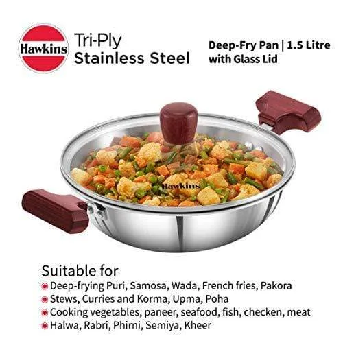 HAWKINS Tri-ply Stainless Steel Deep-Fry Pan 1.5 Litre with Glass Lid