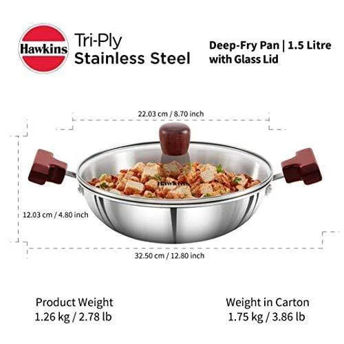 HAWKINS Tri-ply Stainless Steel Deep-Fry Pan 1.5 Litre with Glass Lid