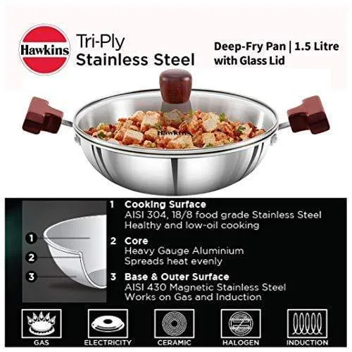 HAWKINS Tri-ply Stainless Steel Deep-Fry Pan 1.5 Litre with Glass Lid