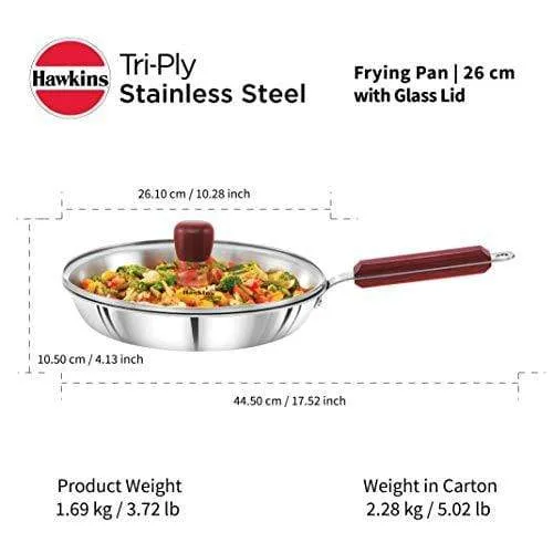 Hawkins Tri-ply Stainless Steel Frying Pan 26 cm with Glass Lid