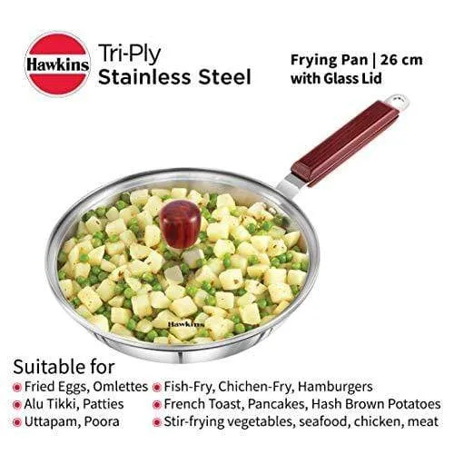 Hawkins Tri-ply Stainless Steel Frying Pan 26 cm with Glass Lid