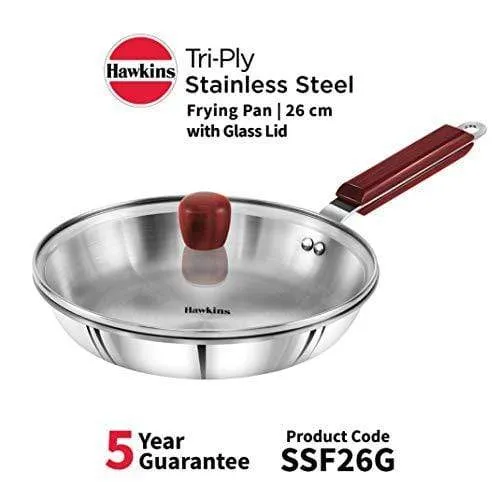 Hawkins Tri-ply Stainless Steel Frying Pan 26 cm with Glass Lid