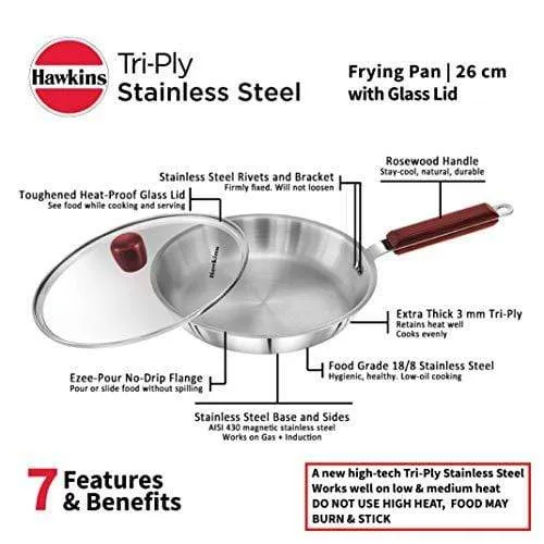 Hawkins Tri-ply Stainless Steel Frying Pan 26 cm with Glass Lid