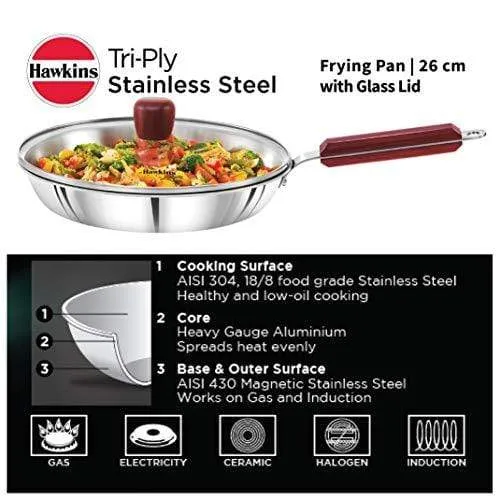 Hawkins Tri-ply Stainless Steel Frying Pan 26 cm with Glass Lid