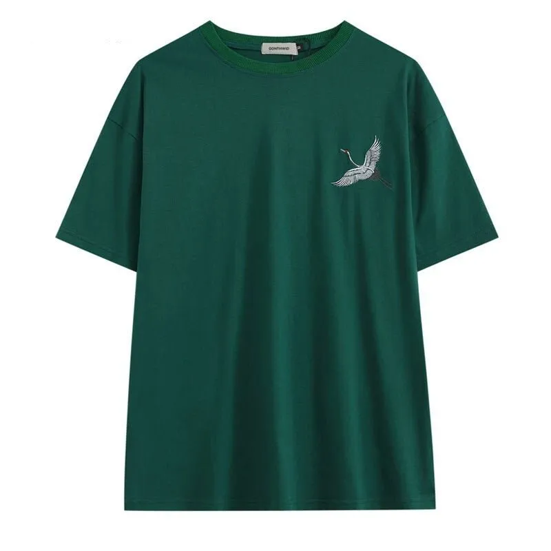 Japanese Embroidery Crane Print T-Shirt