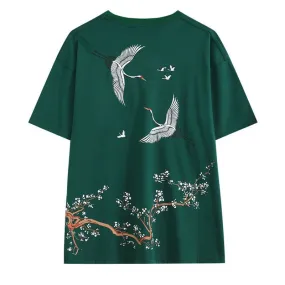 Japanese Embroidery Crane Print T-Shirt