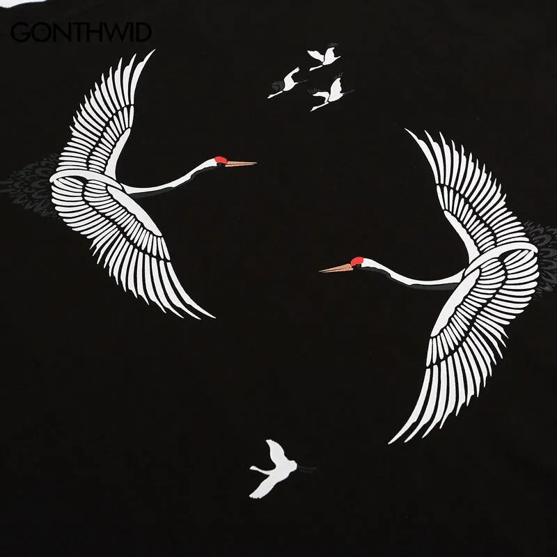 Japanese Embroidery Crane Print T-Shirt