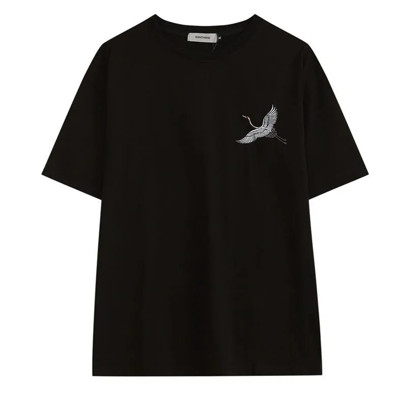 Japanese Embroidery Crane Print T-Shirt