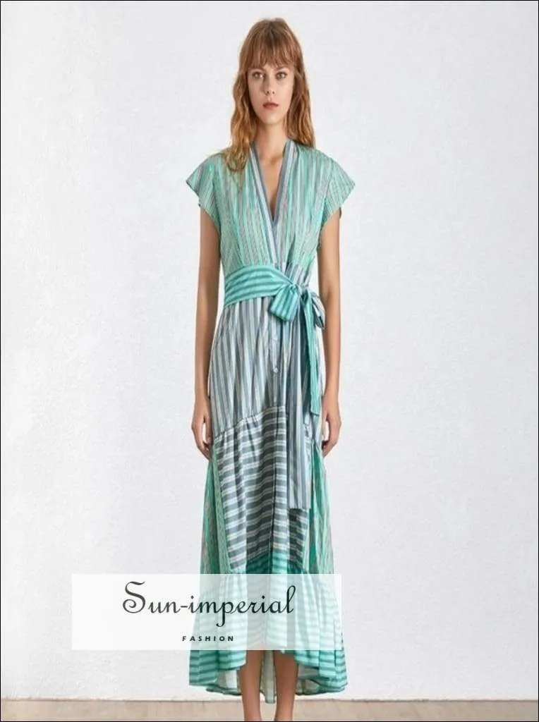 Lyric Dress- Summer Striped Women Dress V Neck Short Sleeve High Waist Asymmetrical Dresses