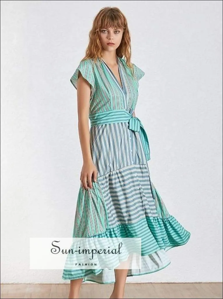 Lyric Dress- Summer Striped Women Dress V Neck Short Sleeve High Waist Asymmetrical Dresses