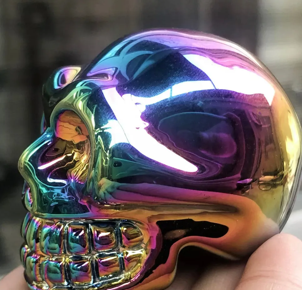 Rainbow Titanium Aura quartz gemstone carved skull