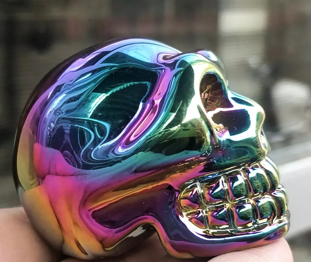 Rainbow Titanium Aura quartz gemstone carved skull