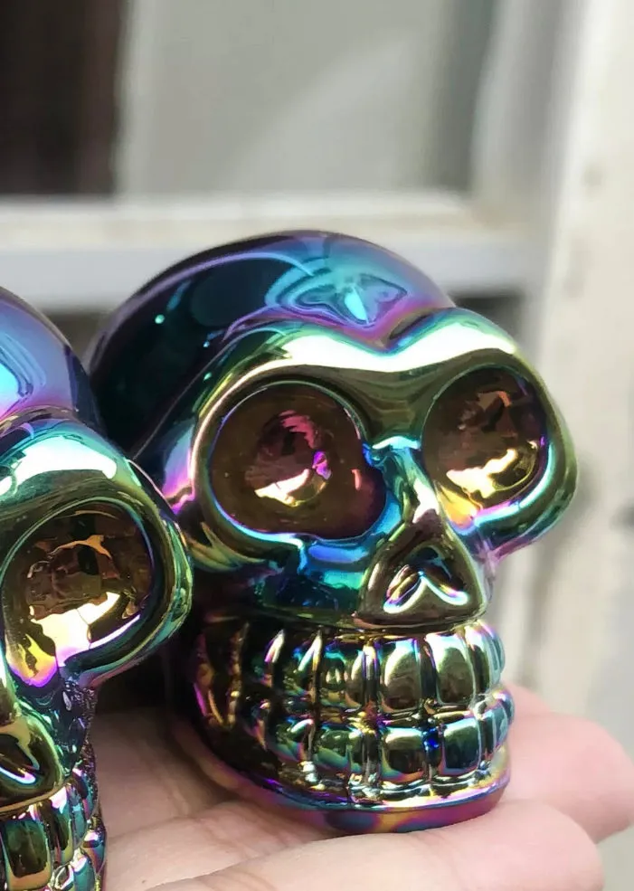 Rainbow Titanium Aura quartz gemstone carved skull