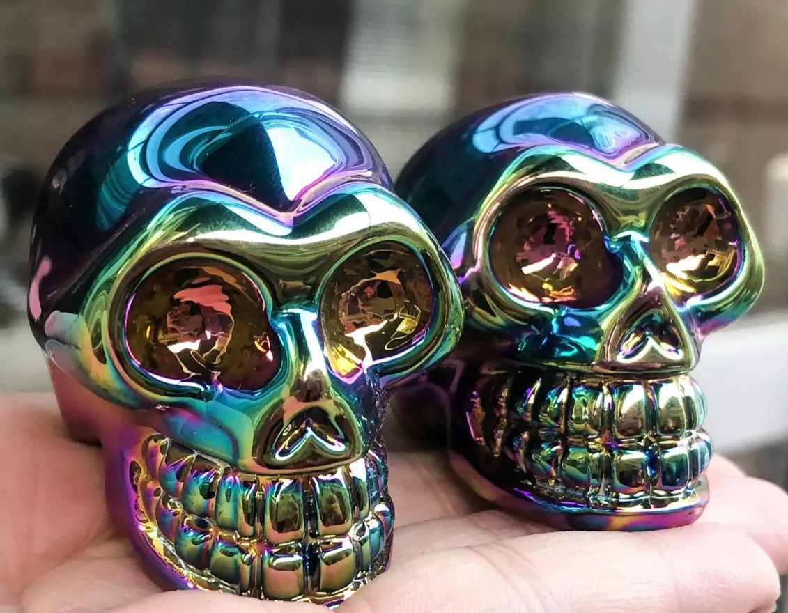 Rainbow Titanium Aura quartz gemstone carved skull