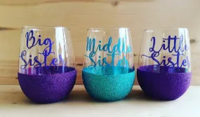 Sister set of stemless glittered personalized wine glasses sister gift