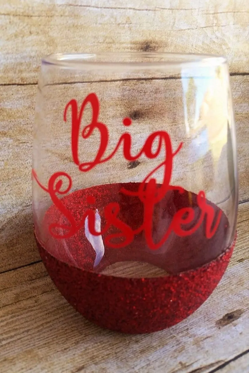 Sister set of stemless glittered personalized wine glasses sister gift