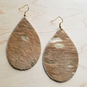 Tan and Gold Hair Leather Teardrop Earrings