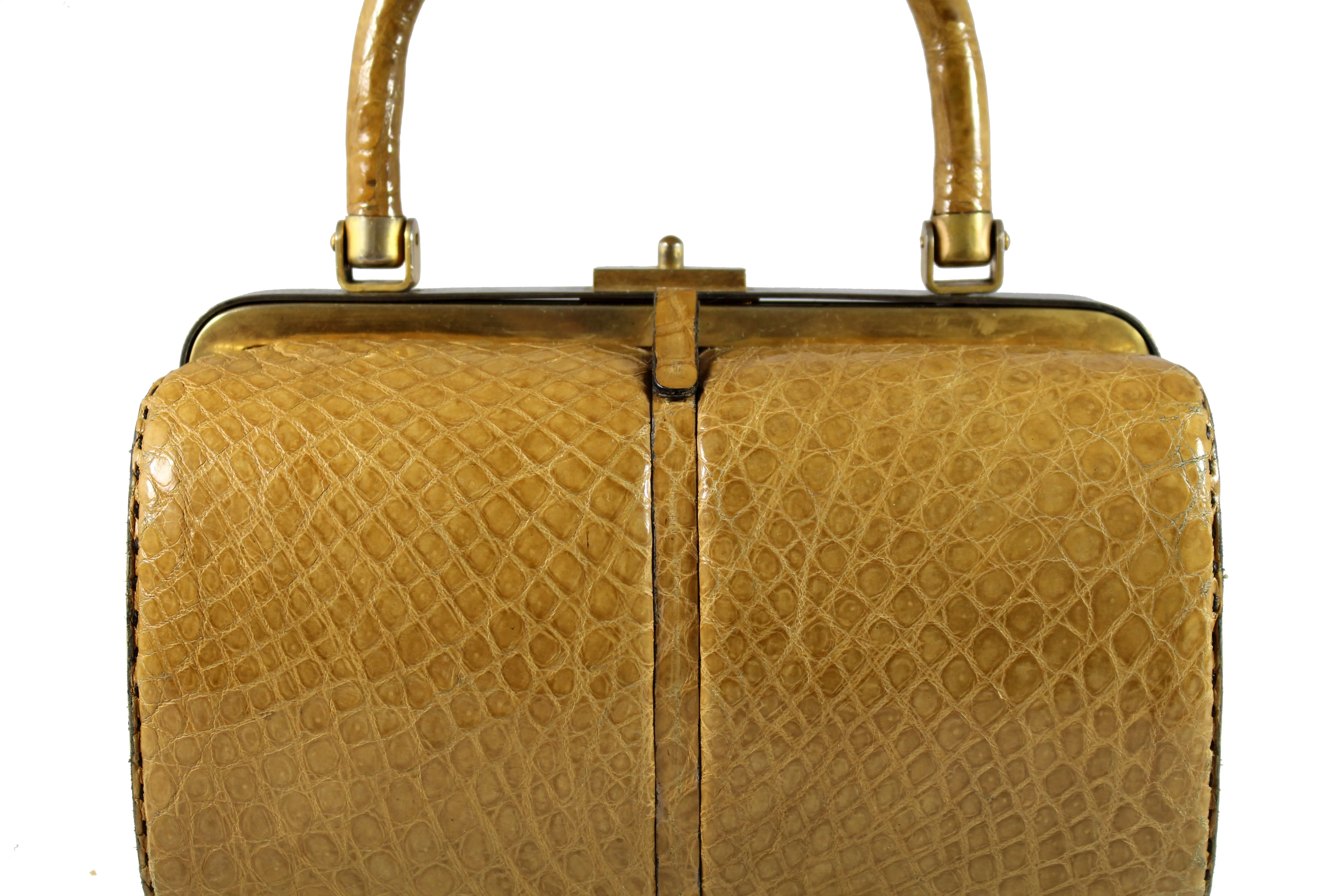 WIEN cylindrical caramel crocodile skin handbag